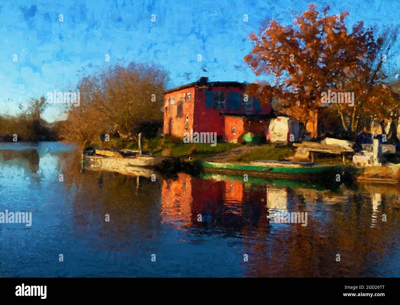 Peinture acrylique d'une maison de pêcheur sur la Havel. Les bateaux sont reflétés dans l'eau. Automne. Banque D'Images