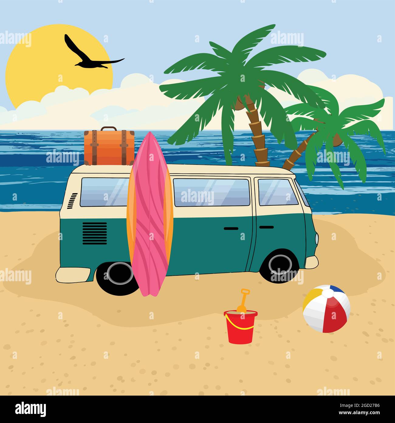 Vieille fourgonnette rétro classique sur la plage avec surf. Vacances d'été, illustration vectorielle Illustration de Vecteur
