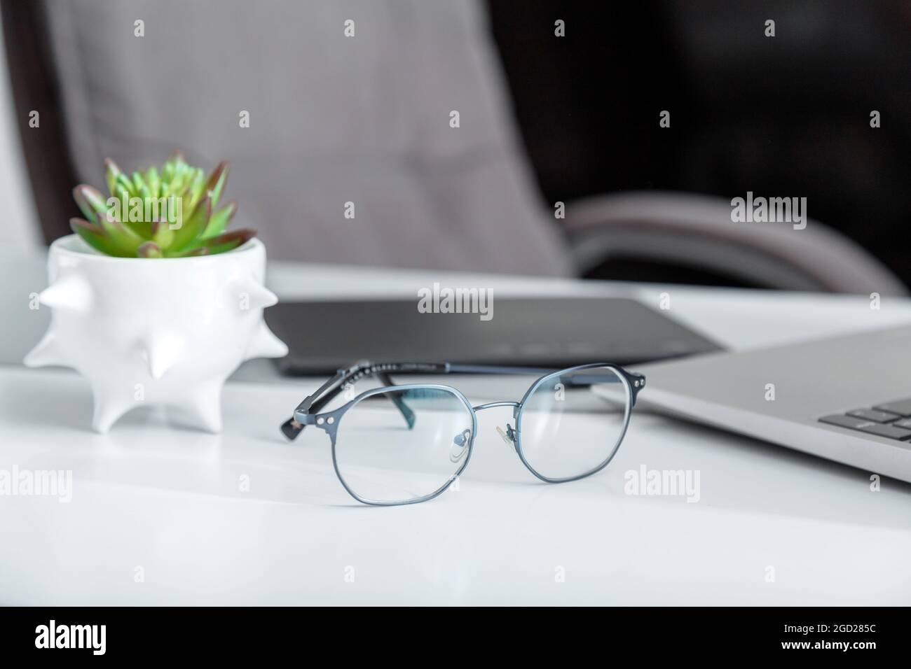 Lunettes mâles bleues élégantes pour une vision sur un ordinateur de bureau avec tablette graphique pour ordinateur portable et plante. Lunettes de vue FE,ALE sur l'espace de travail. Optique une vision saine pour Banque D'Images