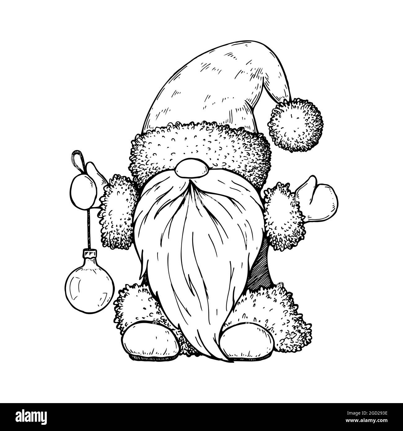 Gnome de Noël dessiné à la main en costume du Père Noël avec boule d'arbre de Noël. Illustration vectorielle dans le style d'esquisse Illustration de Vecteur