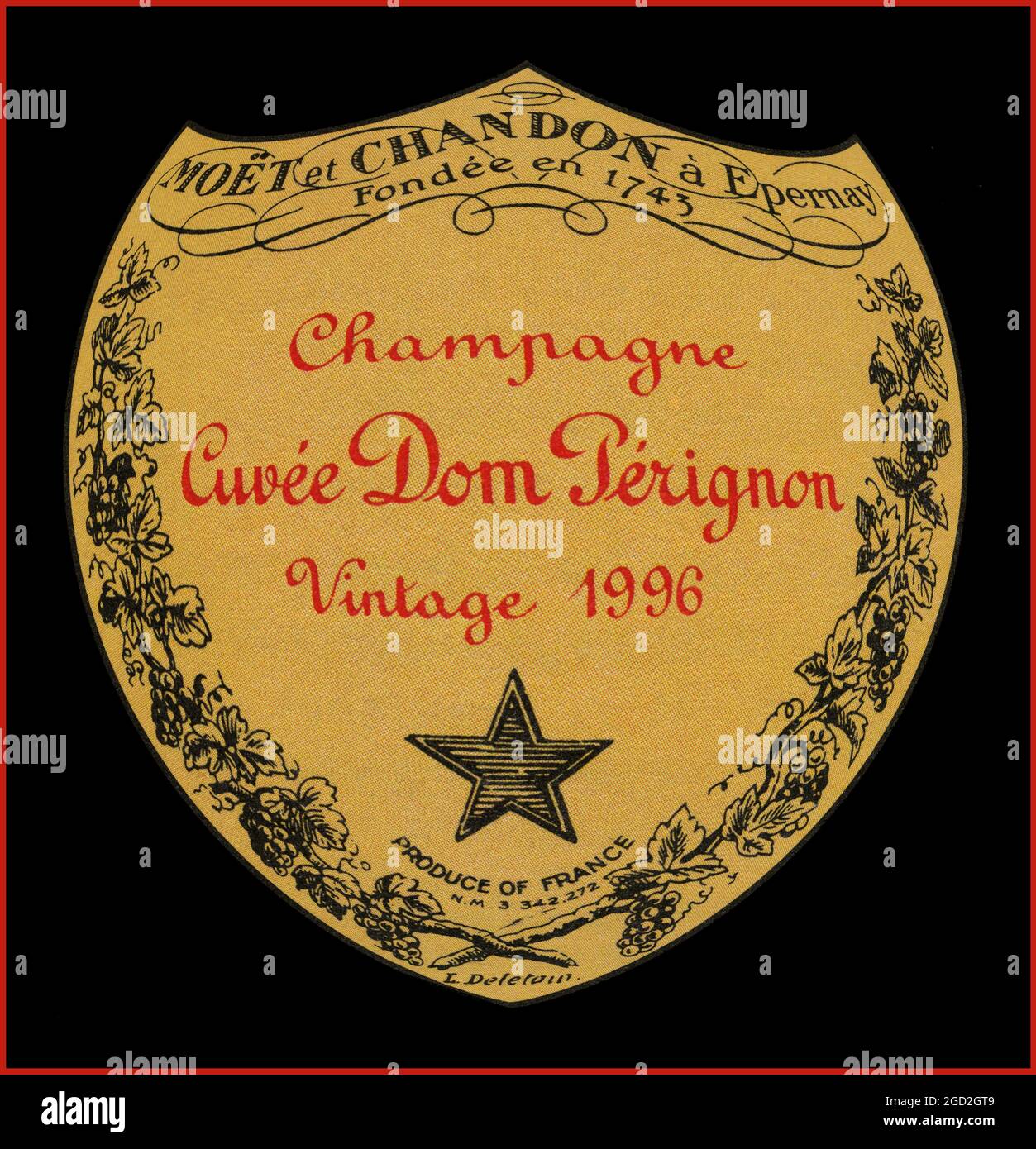 Étiquette de la bouteille de Dom Perignon année exceptionnelle 1996 Dom Perignon vintage de luxe champagne sur fond noir Banque D'Images