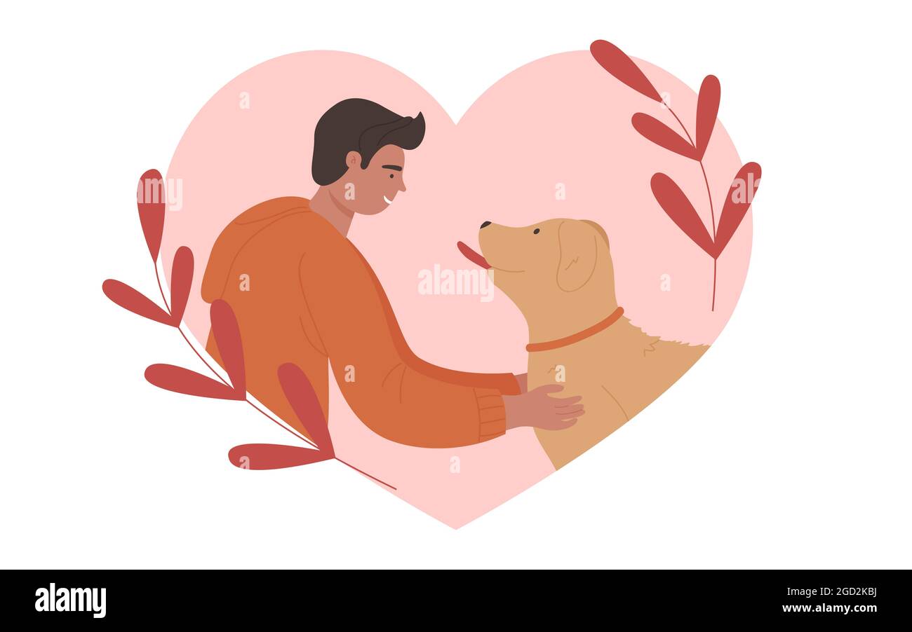 Adoptez l'illustration du vecteur chien, homme heureux et ami doggy. Dessin animé jeune gars de propriétaire d'animal de compagnie caractère et drôle de chiot à l'intérieur coeur rose, adoption, amour et amitié avec l'animal domestique isolé sur blanc Illustration de Vecteur