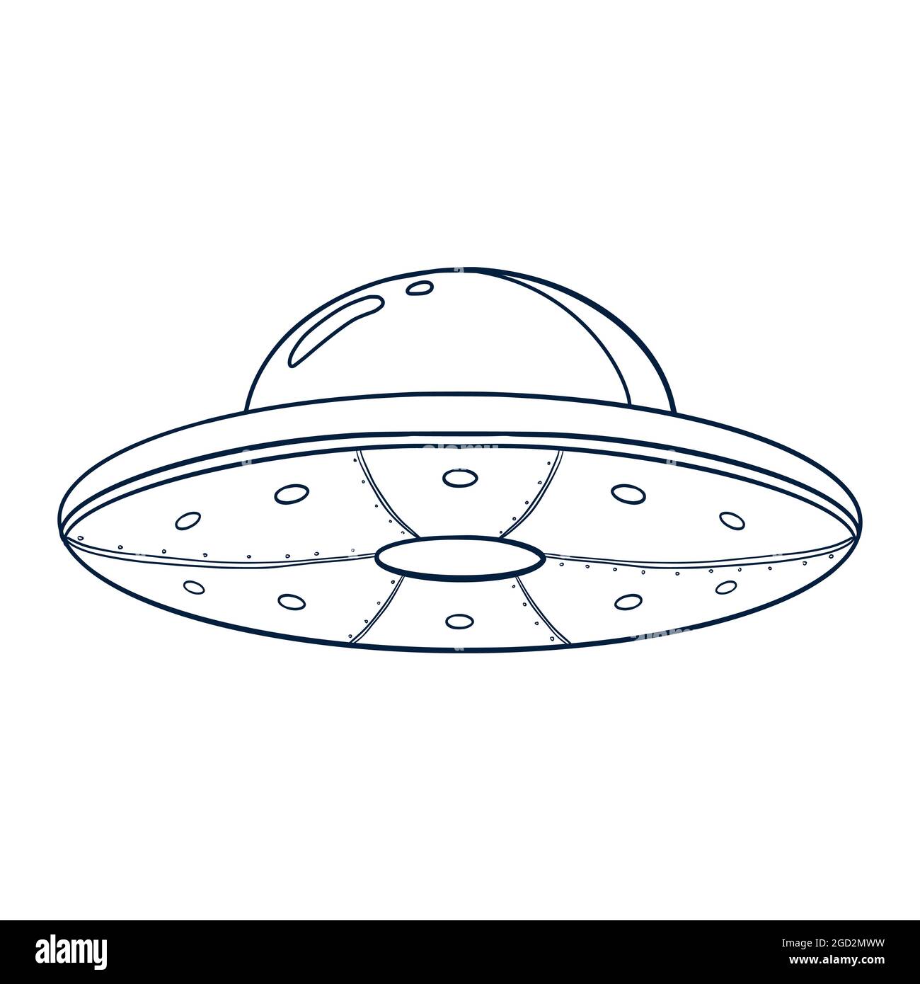 Illustration d'un OVNI Line Art. Icône de contour de soucoupe volante. Modèle d'esquisse de vaisseau spatial pour logo, emblème, Web design, impression, autocollant, Carte Illustration de Vecteur