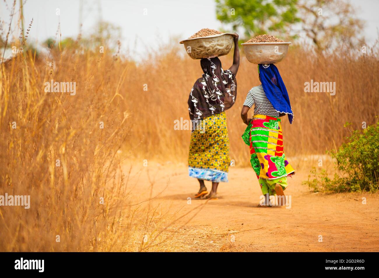 Les femmes du village d'Afrique de l'Ouest portant des vêtements très colorés, portant des bols de nourriture sur leur tête (peut-être des arachides, des boules d'arachide ou un certain type de noix) ca. 21 février 2018 Banque D'Images