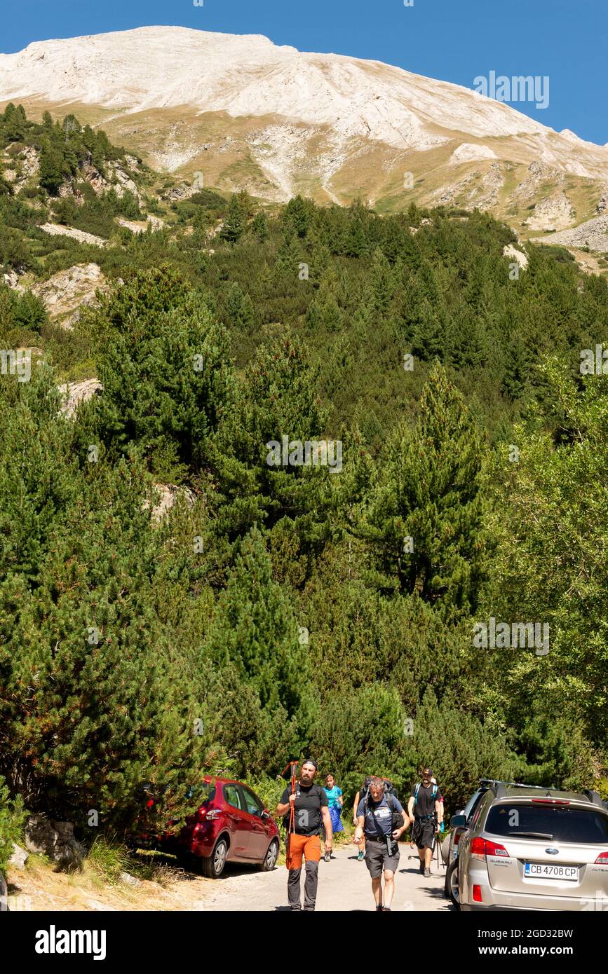 Voitures garées par des sentiers de randonnée au pied du pic de Vihren dans le parc national et réserve de Pirin, montagne de Pirin, Bulgarie, Balkans, Europe Banque D'Images