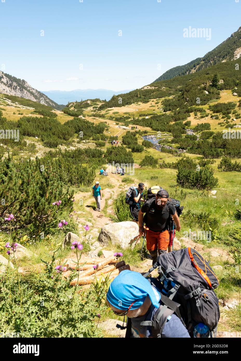 Randonnée en Bulgarie. Randonneurs sur sentier de randonnée dans la vallée de la rivière Banderitsa dans le parc national et réserve de Pirin, montagne de Pirin, Bulgarie, Balkans, Europe Banque D'Images
