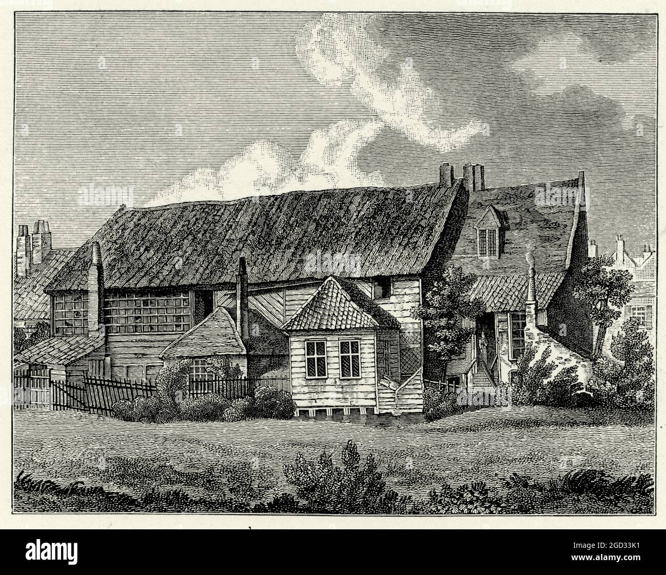 Gravure ancienne de John Bunyan's Meeting House, Southwark, construite en 1687, Architecture anglaise du XVIIe siècle Banque D'Images