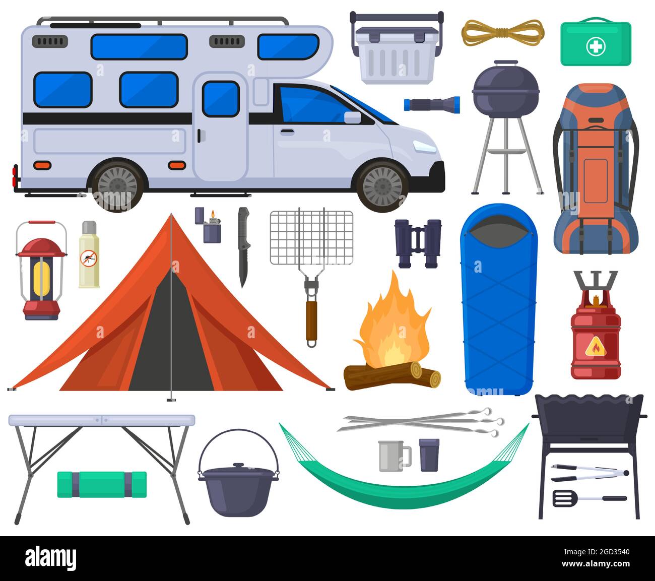 Camping randonnée tente touristique, van, feux de camp. Kit d'illustrations vectorielles pour l'équipement d'aventure en plein air de randonnée. Équipement de camping touristique Illustration de Vecteur