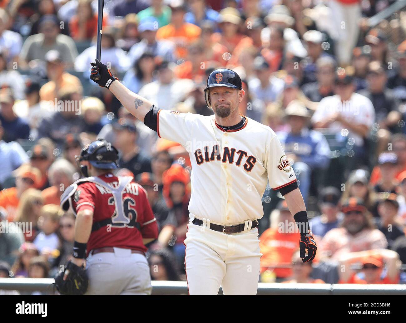 San Francisco, États-Unis. 04e septembre 2011. Aubrey Huff, les San Francisco Giants, s'en sort après avoir pris des mesures contre les Arizona Diamondbacks à San Francisco le 4 septembre 2011. (Photo de Josie Lepe/Bay Area News Group/TNS/Sipa USA) crédit: SIPA USA/Alay Live News Banque D'Images