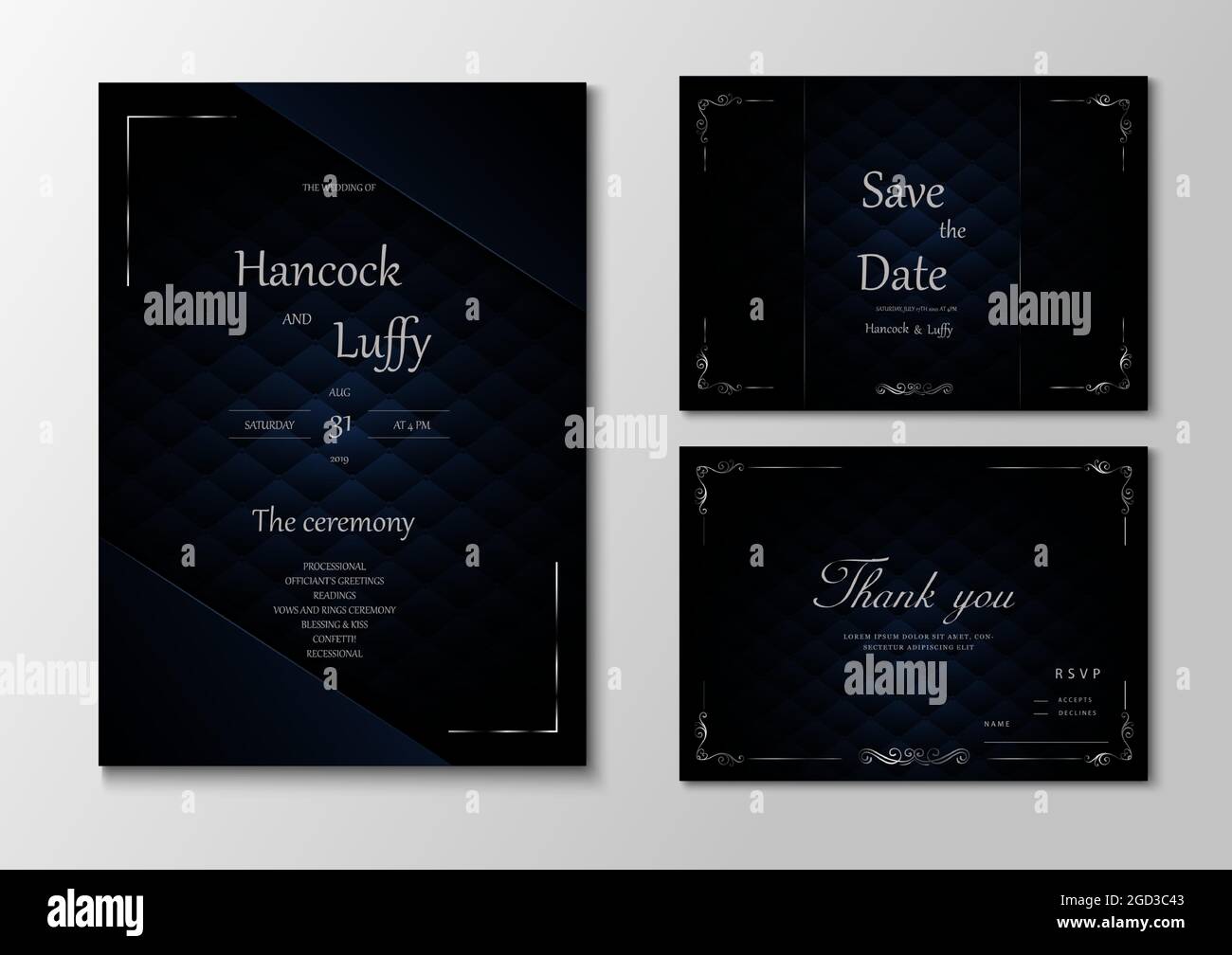 Élégante carte d'invitation de mariage modèle design luxe fond sombre avec noir et bleu. Illustration vectorielle.Eps10 Illustration de Vecteur