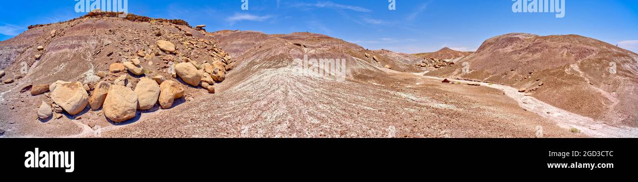 Une vallée qui s'enfile entre les collines de bentonite pourpre foncé dans les hauts plats du parc national de la Forêt pétrifiée en Arizona. Banque D'Images