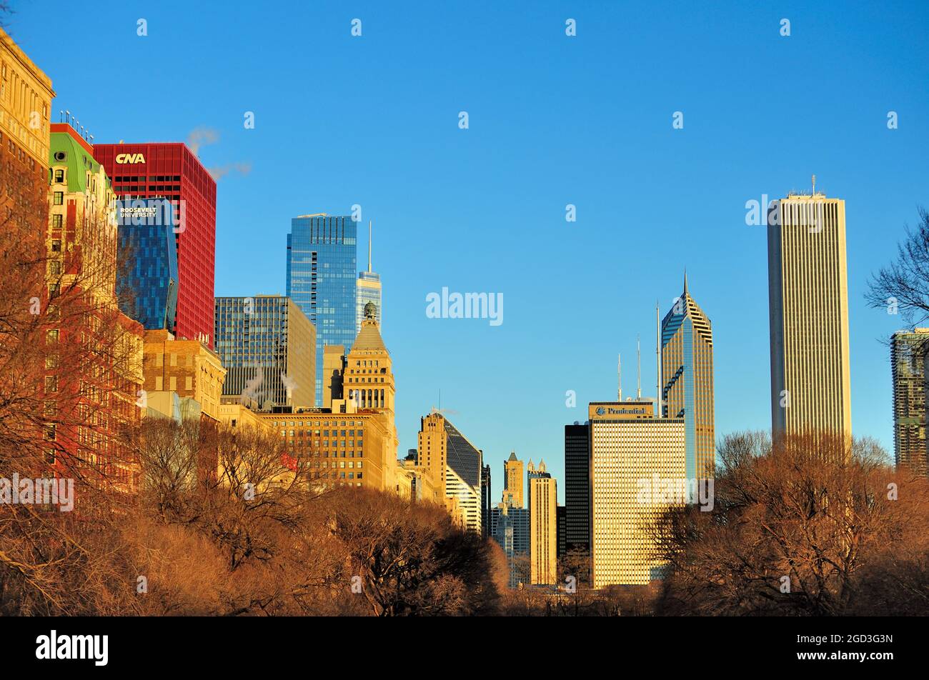 Chicago, Illinois, États-Unis. La lumière du matin d'une journée d'automne très tardive aboie une partie des gratte-ciel de Chicago et des arbres stériles dans Grant Park. Banque D'Images