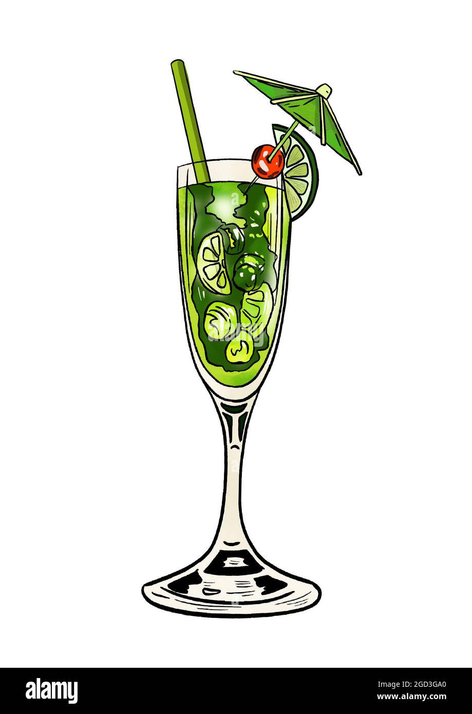 Illustration numérique dessin cocktail dans des verres de différentes formes et sur fond blanc isolé. Illustration de haute qualité Banque D'Images