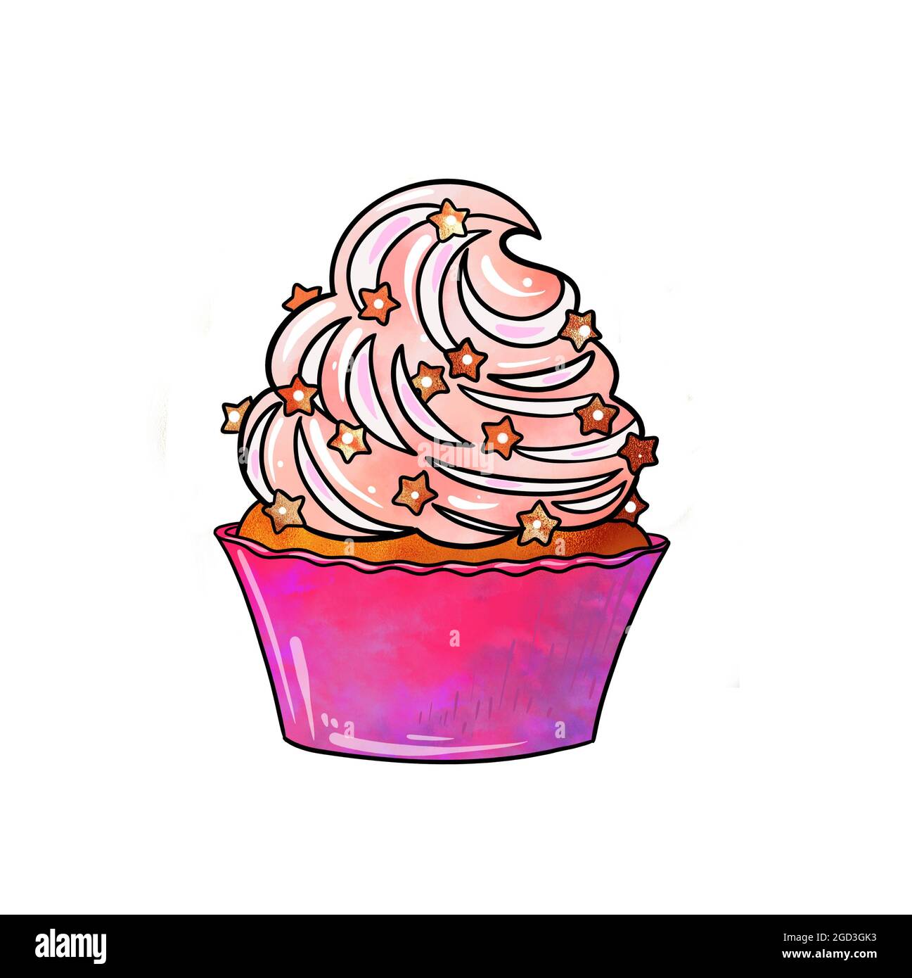 Illustration d'un dessin coloré de bonbons: Cupcake orange à la crème violette rose et décoré avec différentes couleurs d'étoiles sur un fond blanc isolé. Illustration de haute qualité Banque D'Images