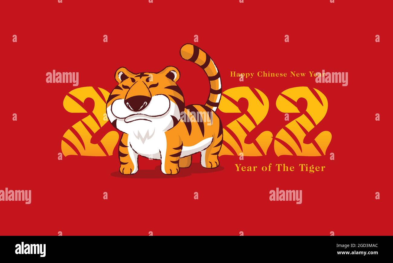 Bonne année chinoise 2022. Année du tigre. Dessin animé Chubby tigre avec 2022 titres sur fond rouge. Illustration de Vecteur