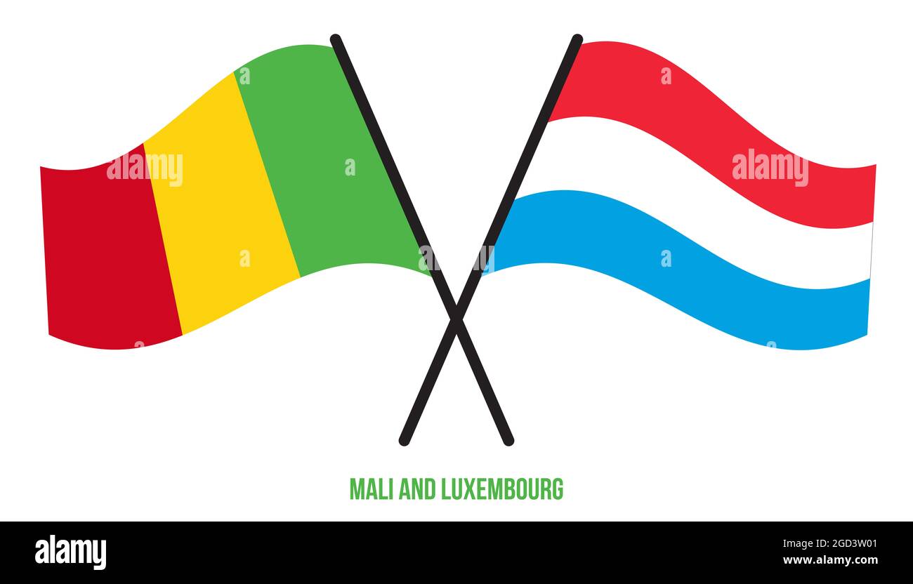 Les drapeaux du Mali et du Luxembourg sont croisés et ondulés de style plat. Proportion officielle. Corriger les couleurs. Banque D'Images
