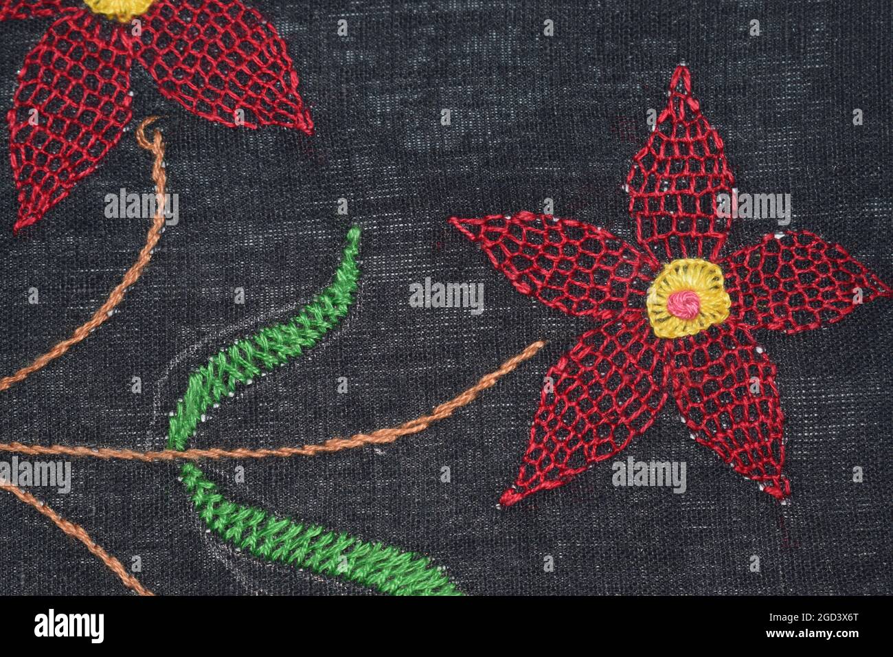 Motif fleuri brodé en nid d'abeille sur tissu noir avec couture en arêtes de poisson Banque D'Images