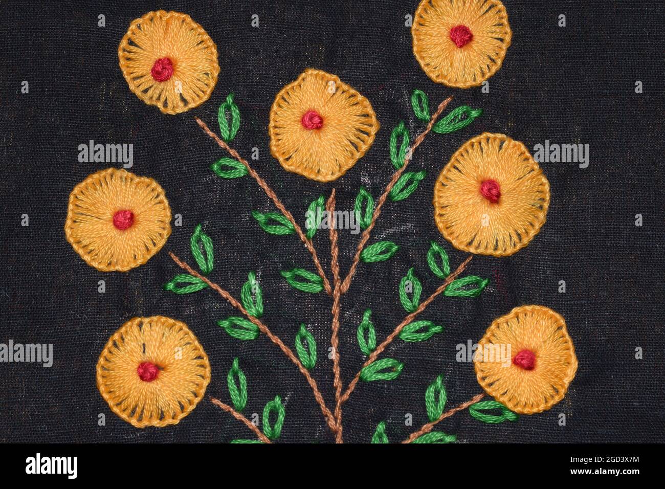 Motif fleuri surfilé sur tissu noir avec couture de tige et couture de feuille de Marguerite paresseuse Banque D'Images