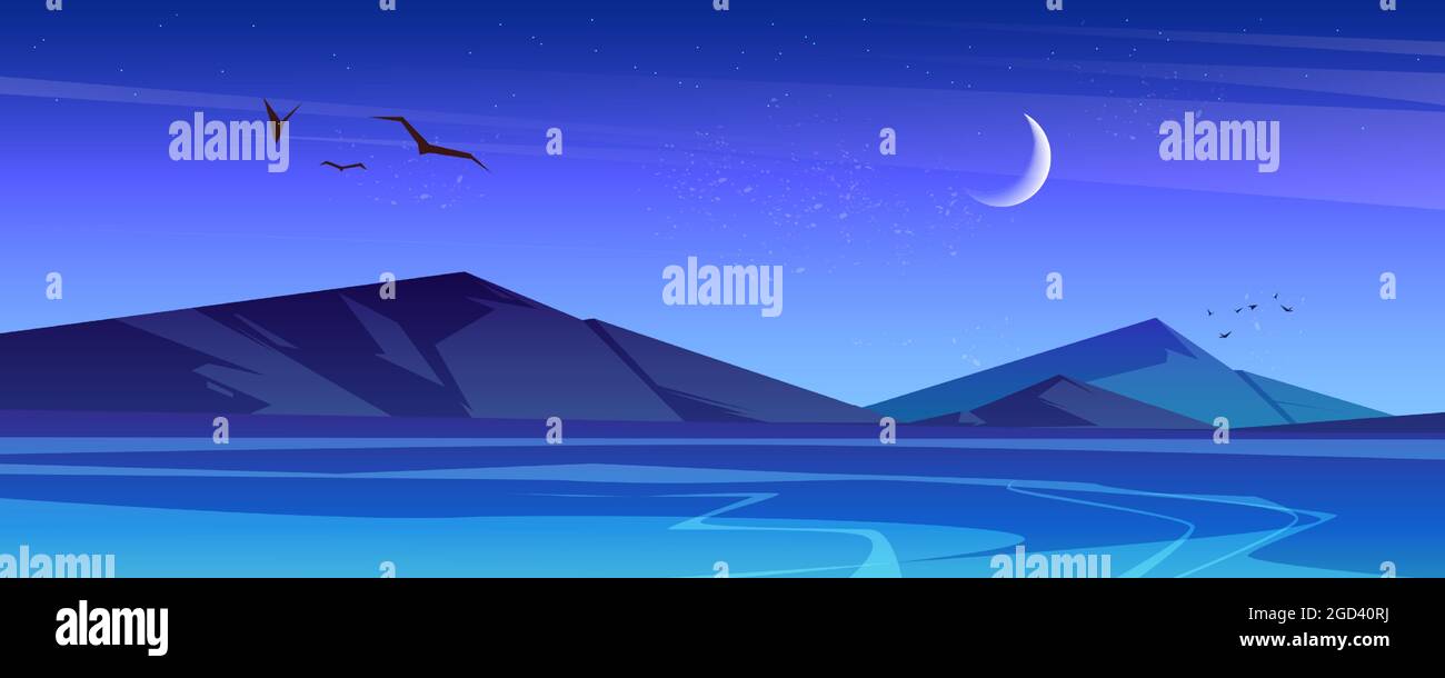 Paysage de nuit avec mer et montagnes à l'horizon Illustration de Vecteur