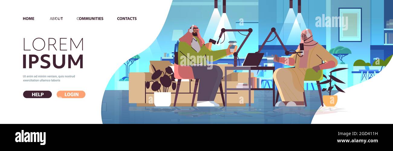 baladodiffusion arabe parlant à des microphones d'enregistrement de podcast en studio baladodiffusion radio en ligne concept Illustration de Vecteur