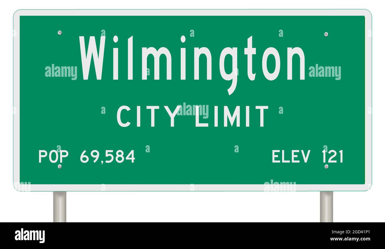Affichage d'un panneau vert de l'autoroute du Delaware avec des informations sur la ville Banque D'Images