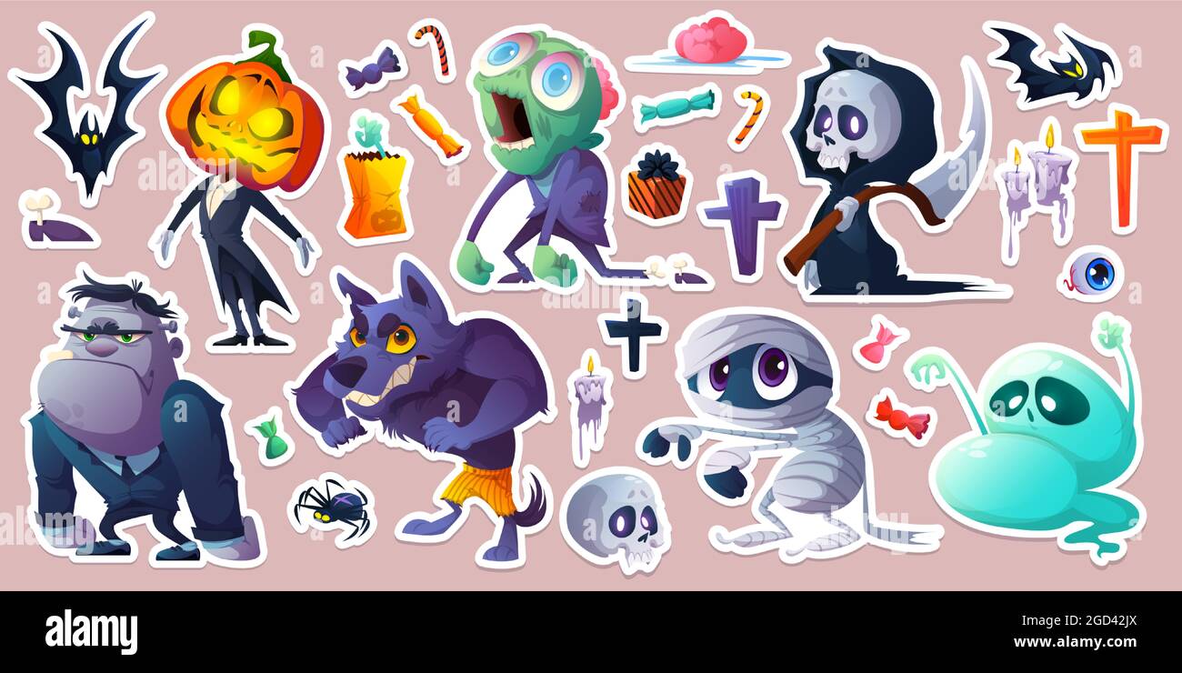 Autocollants Halloween avec monstres, chauves-souris, bonbons Illustration de Vecteur