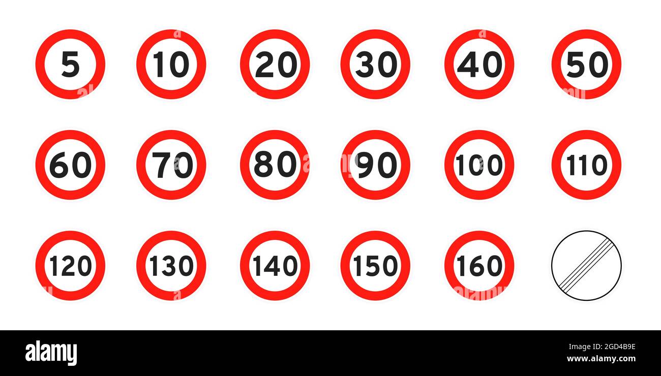 Limite de vitesse 5-160 route ronde icône signe plate style design vecteur illustration ensemble isolé sur fond blanc. Entourez le numéro de la signalisation routière standard Illustration de Vecteur