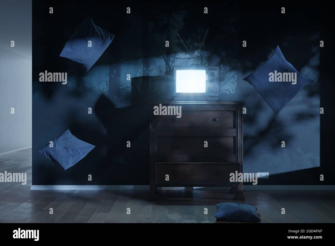 rendu 3d d'une pièce hantée avec une vieille télévision et un écran lumineux. Entouré d'oreillers volants Banque D'Images
