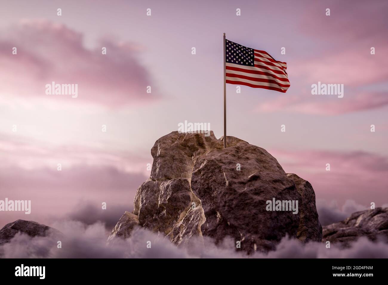 Le rendu 3D de forme drapeau américain sur le paysage rocheux et les nuages blancs Banque D'Images