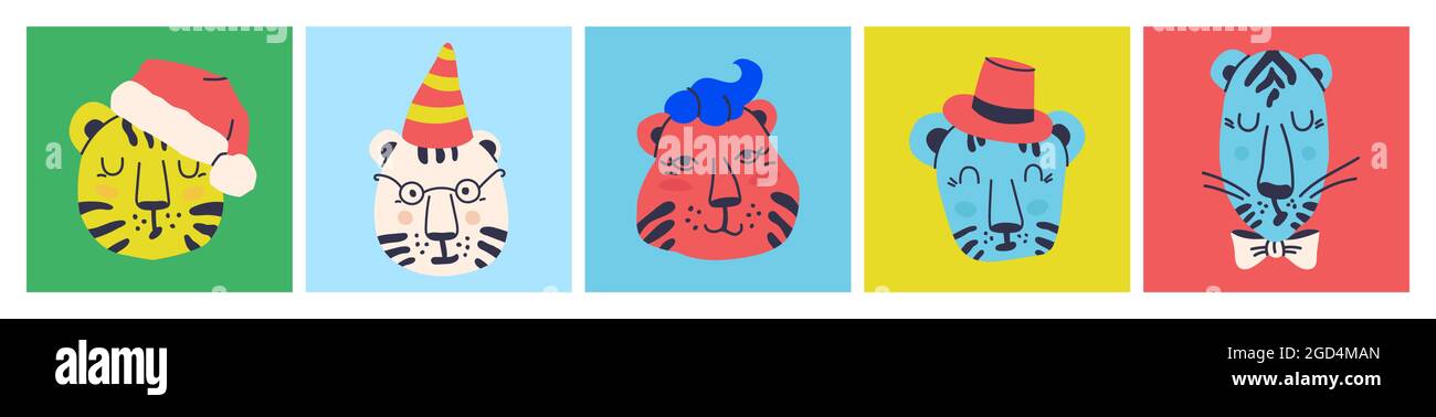 Ensemble de jolis petits tigres de dessin animé. Illustration vectorielle multicolore pour la conception. Illustration de Vecteur