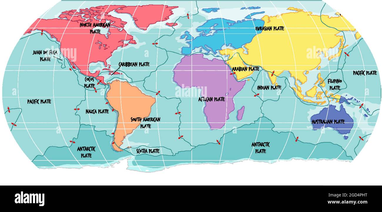 Carte du monde montrant l'illustration des limites des plaques tectoniques Illustration de Vecteur