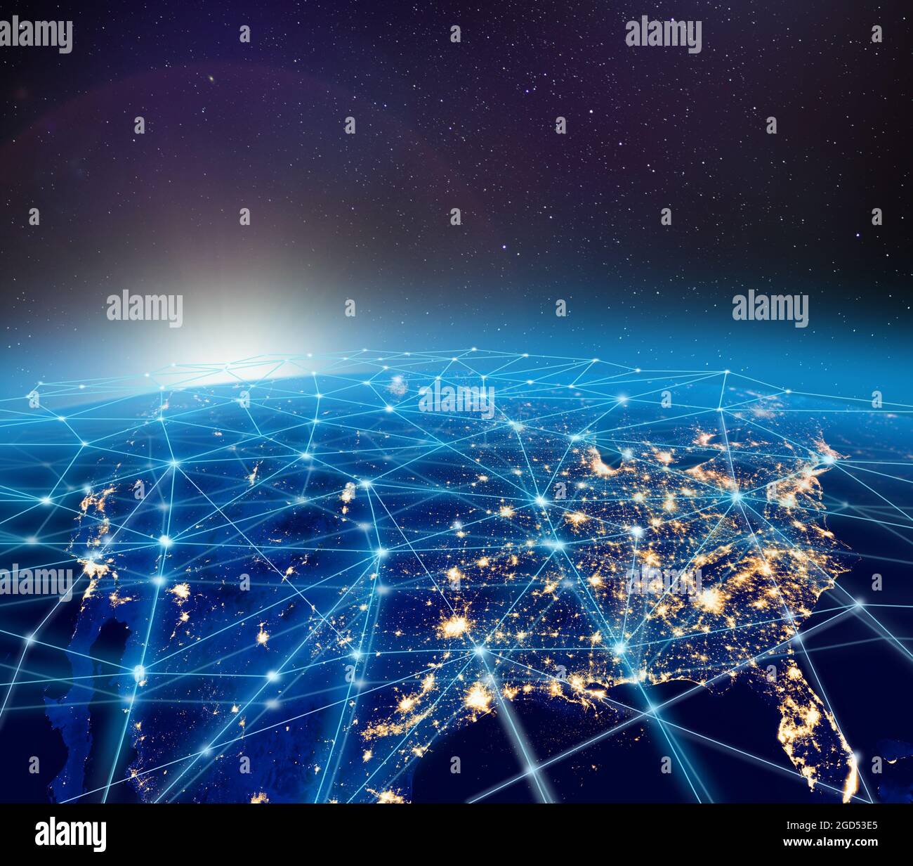 Planète Terre, lumières de ville d'Amérique du Nord et infrastructure de réseau numérique mondial. Quelques éléments de l'image fournie par la NASA. Banque D'Images