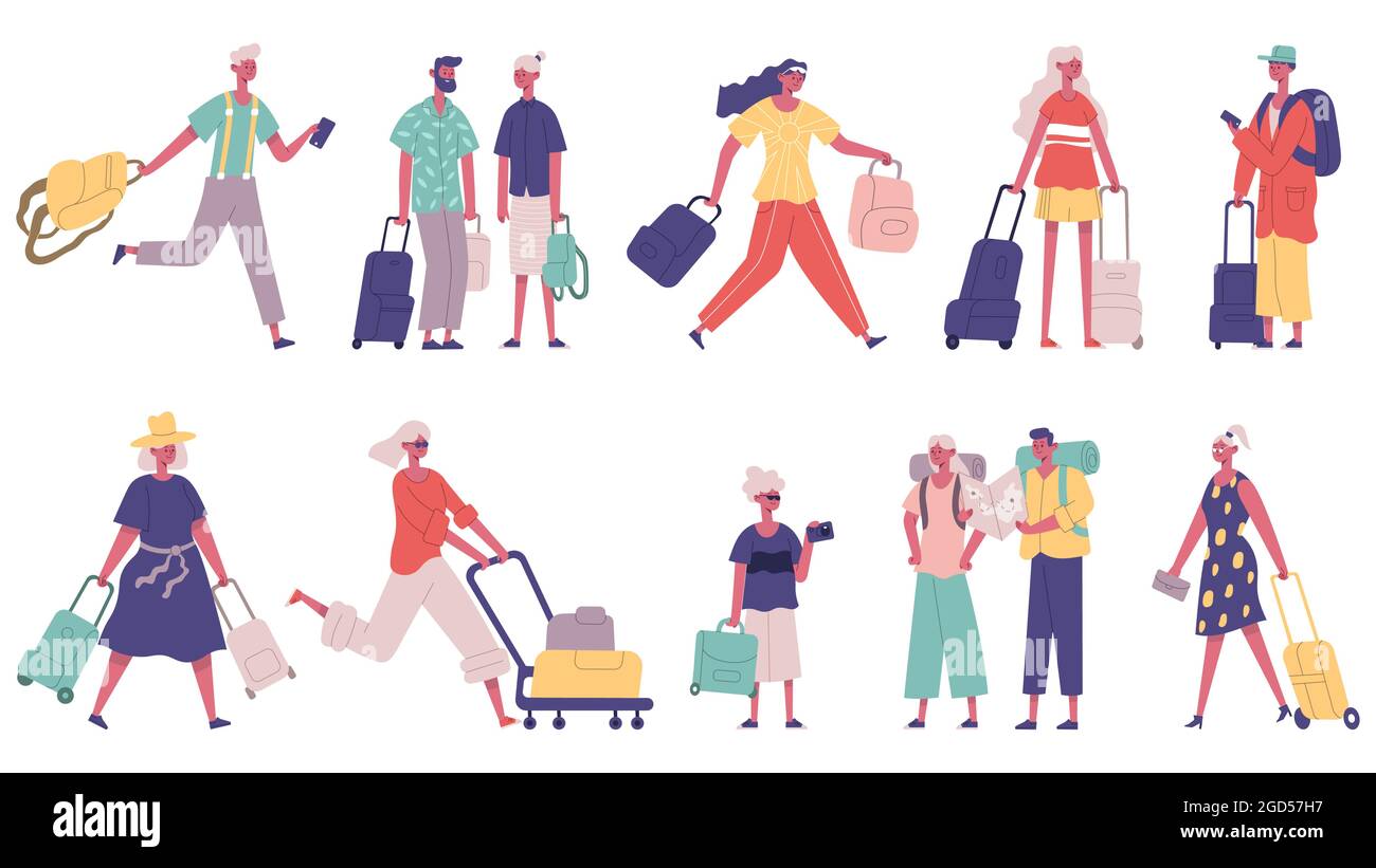 Vacances d'été touristes hommes et femmes personnages. Tourisme avec bagages à l'aéroport vecteur jeu d'illustrations. Mascottes de voyageurs Illustration de Vecteur