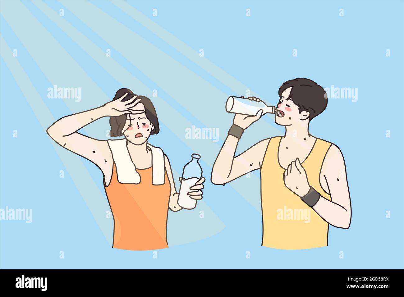 Concept eau potable et été chaud. Jeune homme et femme transpirant dans sportswear debout de l'eau potable dans les jours d'été très chauds après avoir fait sport entraînement illustration vecteur Illustration de Vecteur