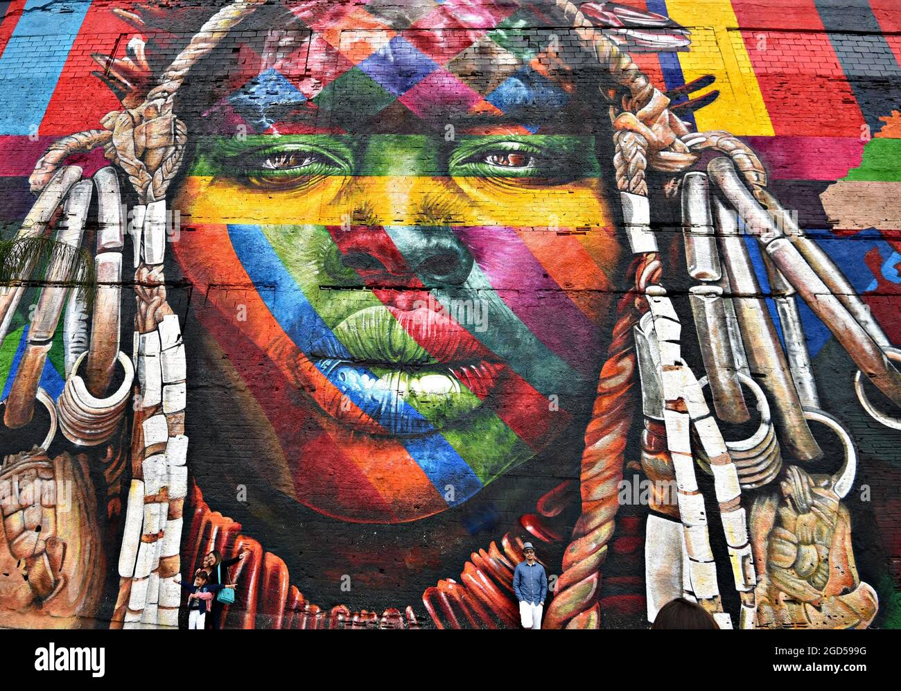 Vue panoramique sur une face indigène faisant partie des 'Etnias', l'œuvre murale graffiti du muraliste brésilien Eduardo Kobra à Rio de Janeiro, au Brésil. Banque D'Images