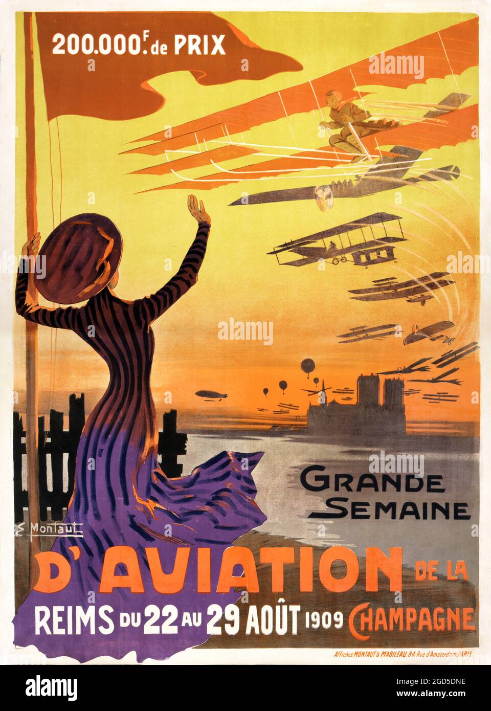 Vintage poster art - RETRO – Grande semaine d'aviation de la Champagne : Reims de 22 au 29 août 1909. Ernest Montaut (1878-1909). Aviation. Banque D'Images