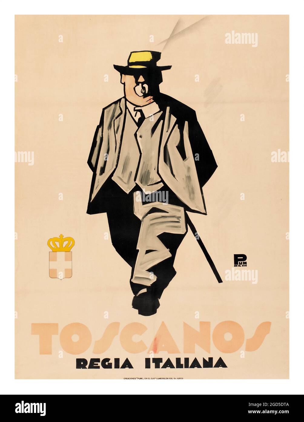 Affiche rétro - Leonetto Cappiello (français, 1875-1942). Toscanos Regia Italiana. Cigares. Vieil homme fumant un cigare. Banque D'Images
