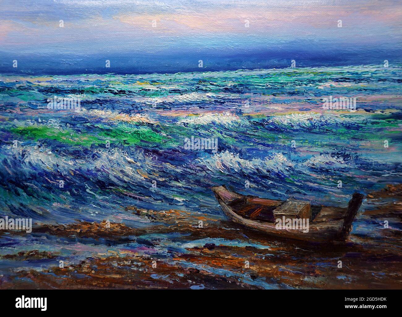 art huile couleur peinture art classe , mer , vague , bateau , côte , paysage marin ,mer , plage , vague , vue , littoral ,côte , baie Banque D'Images