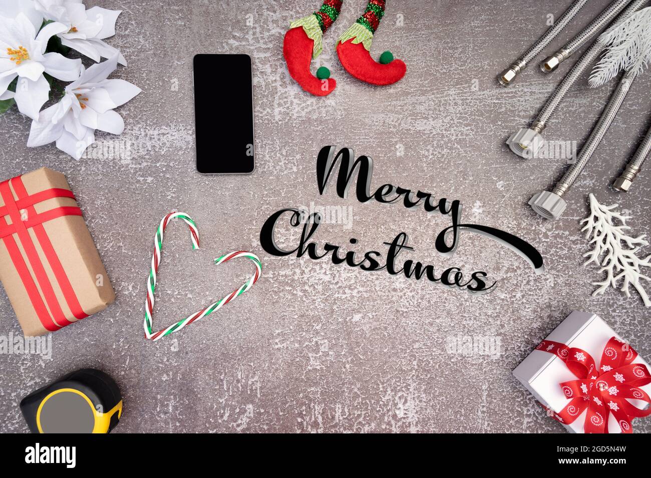Joyeux Noel Et Joyeux Nouvel An Decoration Avec Outils De Construction Sur Le Fond En Bois Vue De Dessus Plombier Noel Photo Stock Alamy