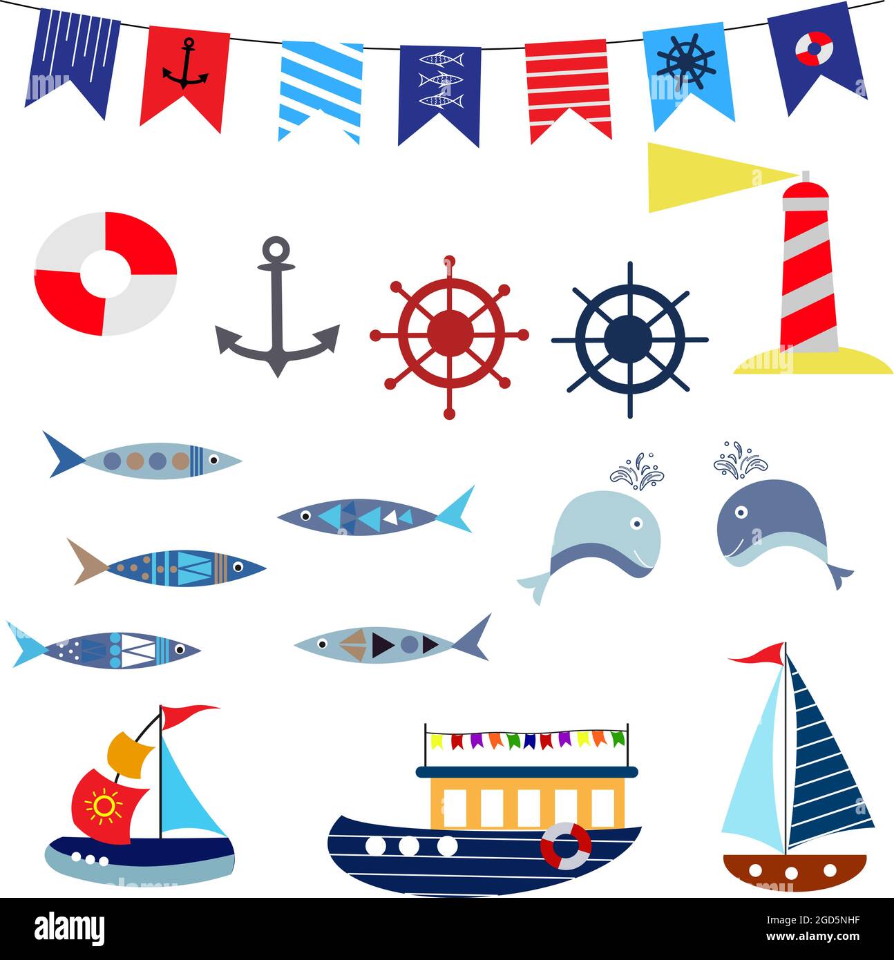 Set marin - poissons, navires et drapeaux, phare. Illustration vectorielle sur fond blanc. Illustration de Vecteur