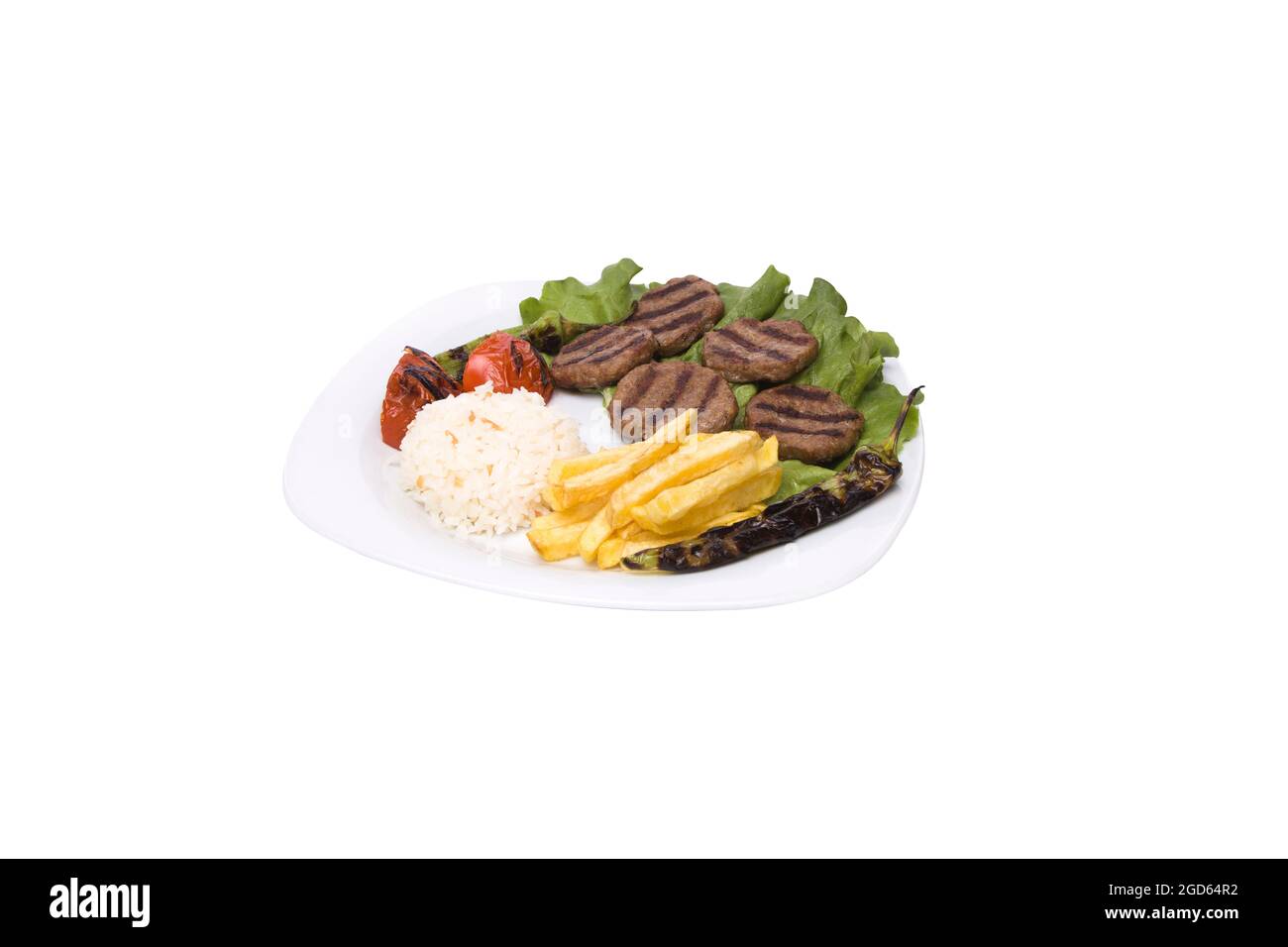 Boulettes de viande ou kofte turques, kofte de viande, frites de riz, poivre, aubergine Banque D'Images