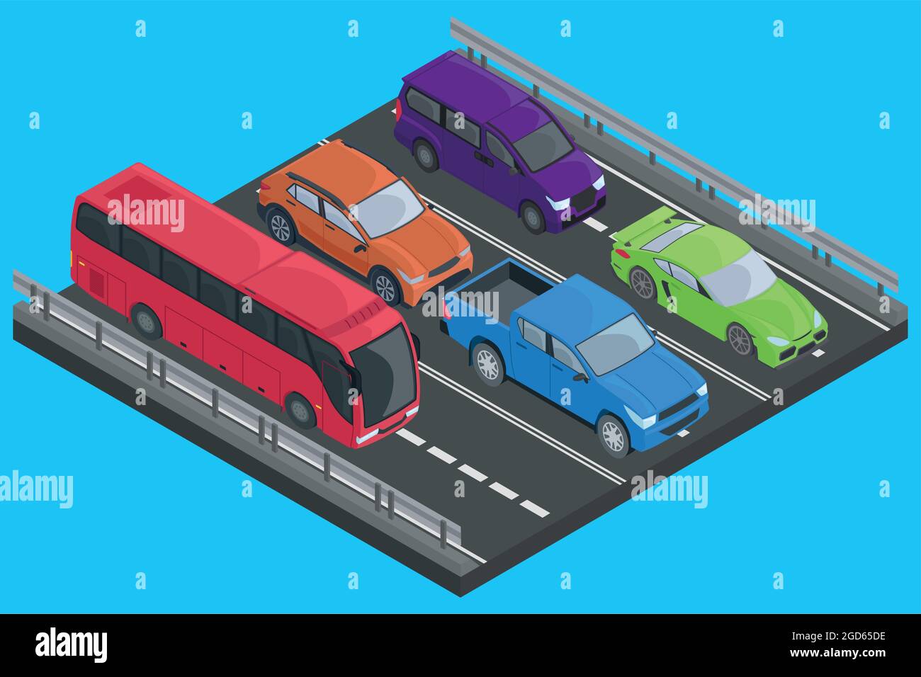 Groupe isolé de voitures isométriques sur une avenue Illustration de Vecteur