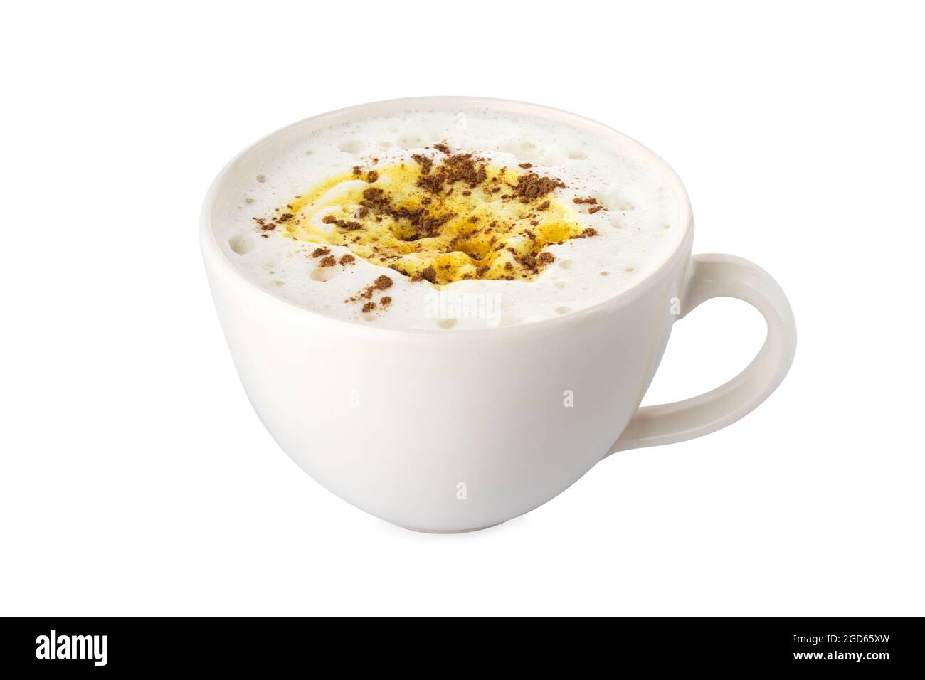 Latte curcuma, Latte au lait de soja dans une tasse blanche, sur fond blanc Banque D'Images