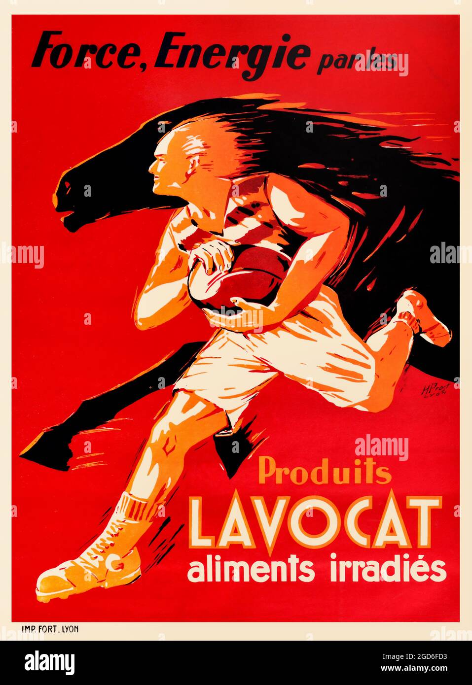 Publicité ancienne et ancienne / affiche. Art par H. PROST. Force, énergie par les produits Lavocat, aliments irradiés, c. 1930. Banque D'Images