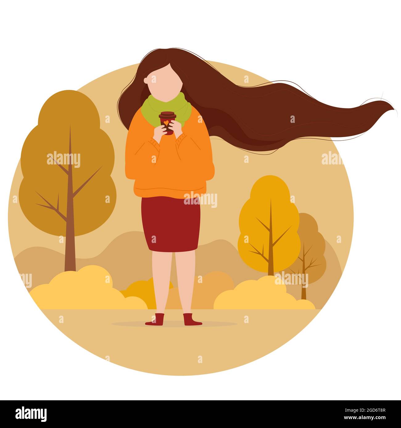 Belle fille avec des cheveux longs en développement avec café dans le parc d'automne. Illustration vectorielle. Caractère dans le style plat en automne paysage pour l'automne d Illustration de Vecteur