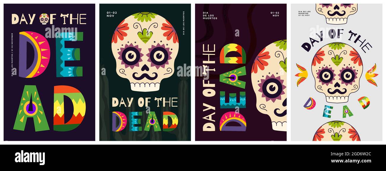 Ensemble d'affiches dia de Los Muertos.Cartes de vœux du festival national de la fête mexicaine des morts avec lettres colorées et crâne.Mexique religieux novembre fêtes tracts vecteur eps design templates Illustration de Vecteur