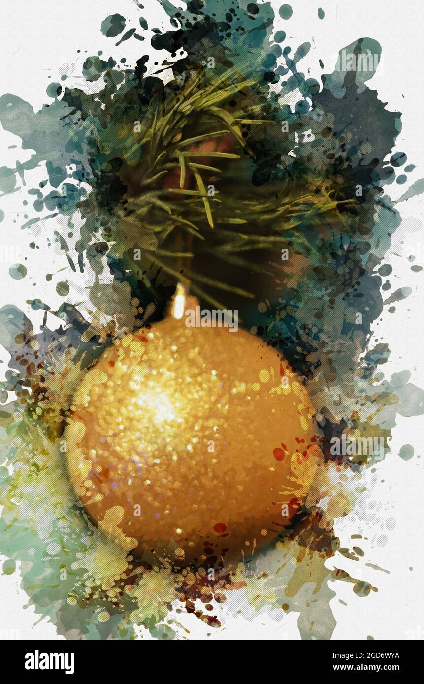 Peinture d'aquarelle numérique jaune boule d'arbre de Noël. Joyeux CH Banque D'Images