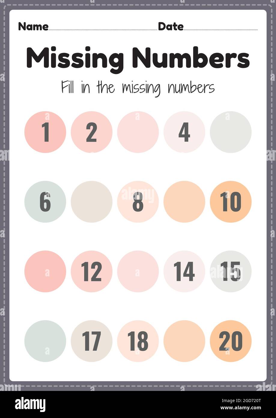 Feuille de calcul des nombres manquants, feuille imprimable de mathématiques pour les enfants d'âge préscolaire et de maternelle pour apprendre les compétences de base en mathématiques. Illustration de Vecteur