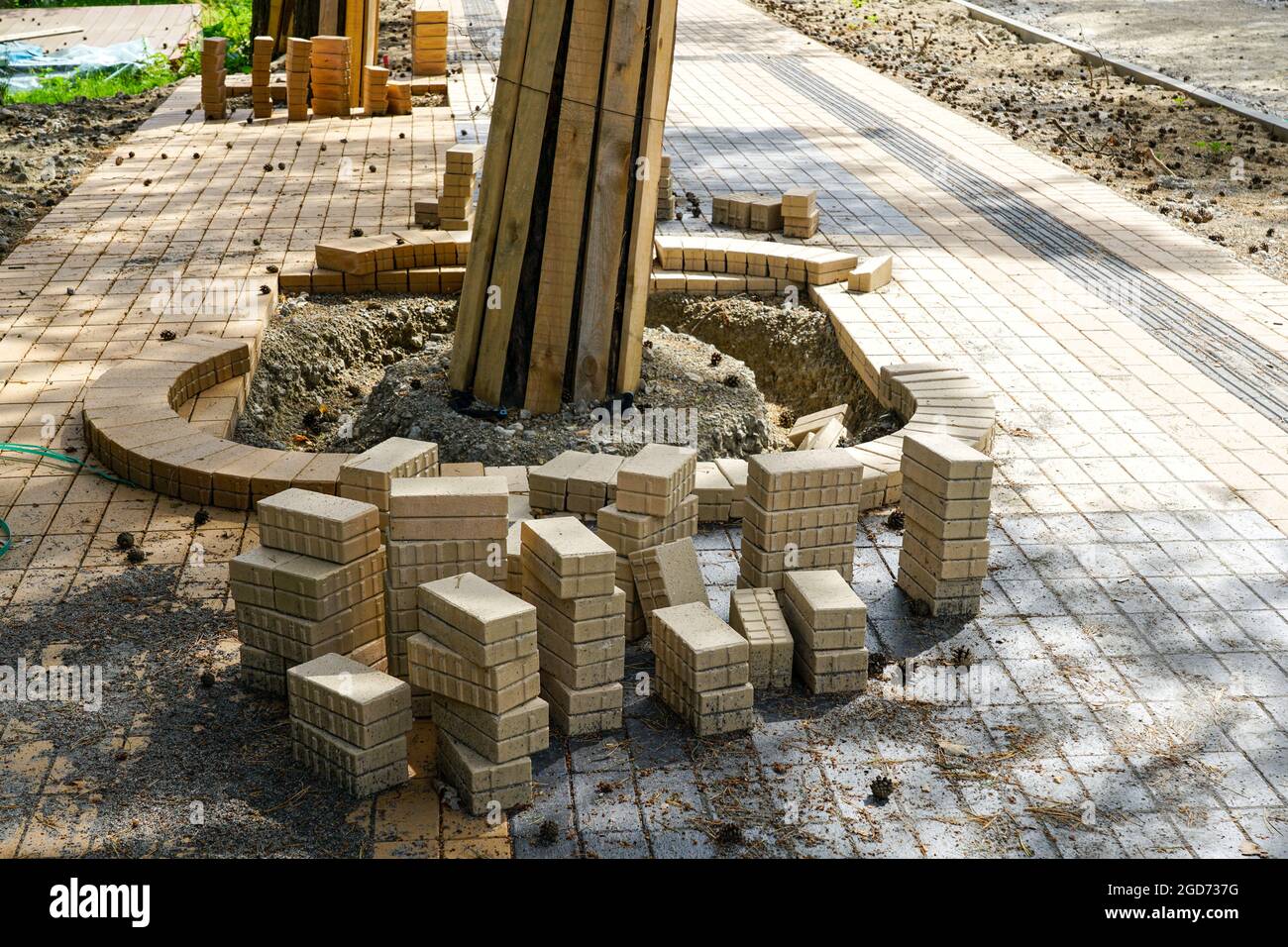 amélioration de l'infrastructure de la ville, travaux de reconstruction des trottoirs, remplacement des pavés, assemblage de rosetta autour des troncs d'arbres Banque D'Images