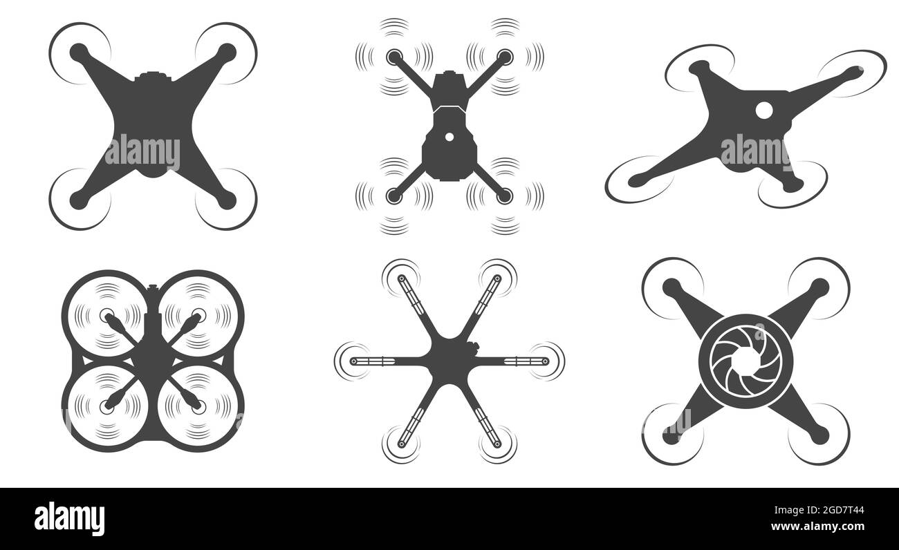 Jeu d'icônes de silhouette de drone. Vue de dessus du Quadrocopters. Illustration vectorielle plate isolée sur fond blanc. Illustration de Vecteur